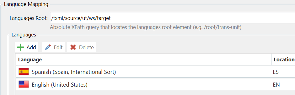 Screenshot of Trados Studio Language Mapping settings showing Languages Root as 'txmlsourceutwstarget' with Spanish and English languages listed.