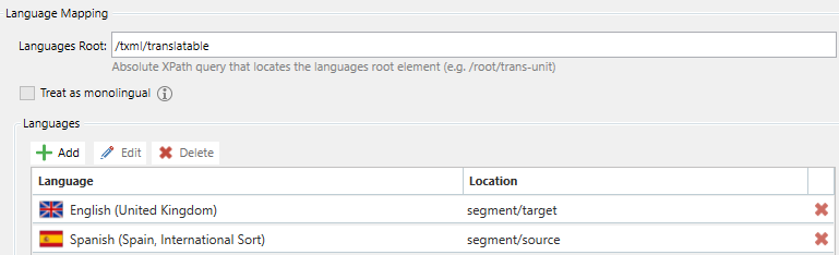Screenshot of Trados Studio Language Mapping settings with Languages Root 'txmltranslatable' and language locations 'segmenttarget' for English and 'segmentsource' for Spanish.