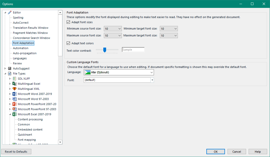 Trados Studio options window showing Font Adaptation settings with minimum and maximum source and target font sizes set to 10, adapt text colors option checked, and custom language fonts set to Afar (Djibouti) with default font.