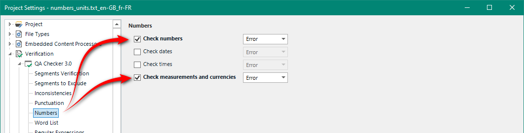Screenshot of Trados Studio Project Settings with 'Check measurements and currencies' option selected under the 'Numbers' verification category.