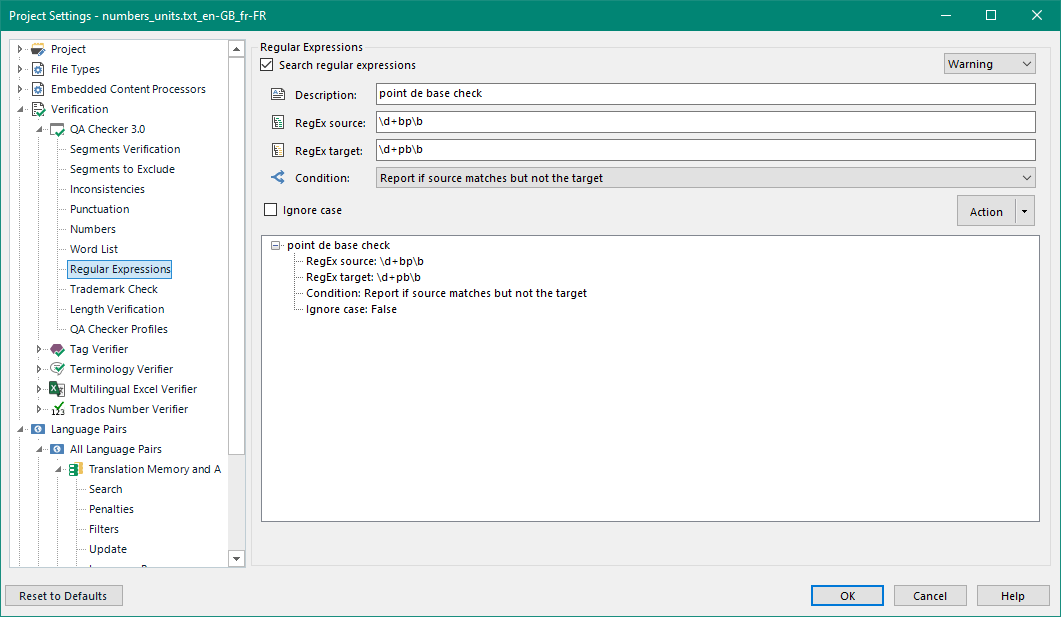 Trados Studio project settings window showing Regular Expressions verification with a custom rule named 'point de base check'. The rule checks for a number followed by 'bp' in the source and 'pb' in the target, flagging an error if the source matches but not the target.