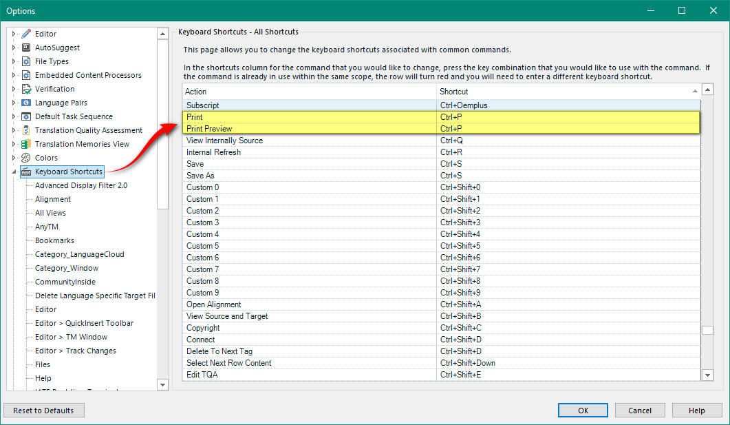 Trados Studio options window showing Keyboard Shortcuts with Print Preview highlighted and assigned to Ctrl+P.