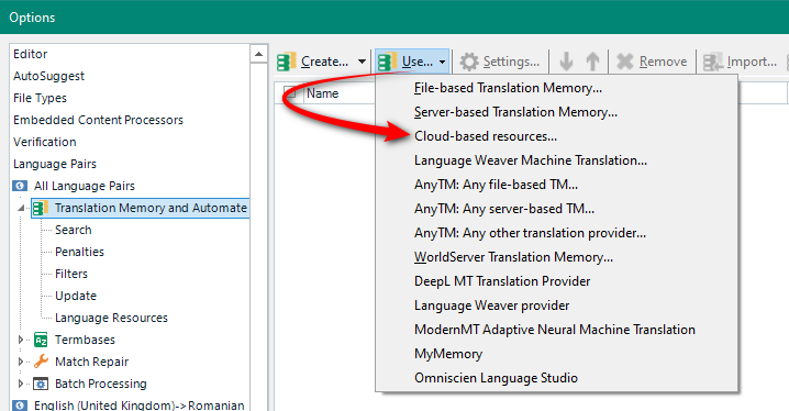 Trados Studio Options menu with Cloud-based resources selected, showing Language Weaver Machine Translation as an option.