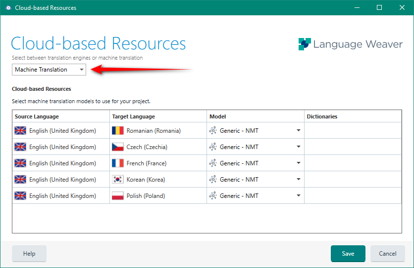 Cloud-based Resources window in Trados Studio with Machine Translation dropdown selected, displaying Language Weaver and various language pairs.