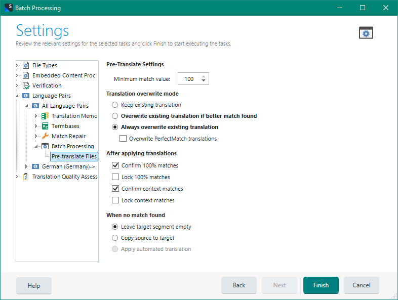 Trados Studio Batch Processing settings window showing Pre-Translate Settings with options to overwrite existing translations and confirm matches.