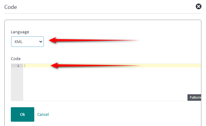 Screenshot of a 'Code' dialog box with arrows pointing to 'Language' dropdown set to 'XML' and an empty 'Code' text area for pasting error code.