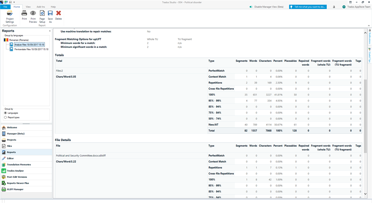Trados Studio reports view showing a summary of translation matches for two files, including context matches and repetitions, with no visible errors or warnings.