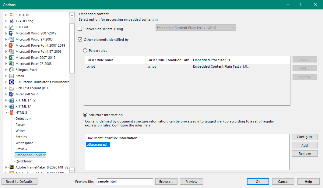 Trados Studio options window showing Embedded Content settings with Parser rules for 'script' and Document Structure Information set to 'sdl:paragraph'.