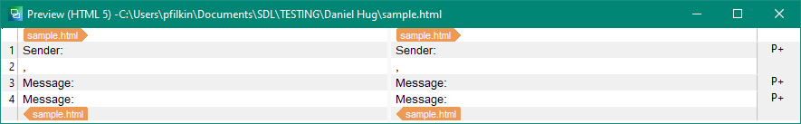 Preview window in Trados Studio displaying a side-by-side comparison of source and target HTML content with text 'Sender:', 'Message:', and 'sample.html'.