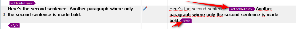 Trados Studio interface indicating an error in tag application after merging segments.