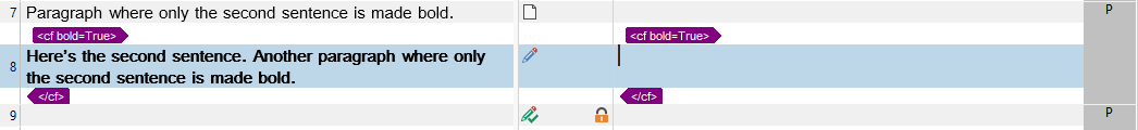 Trados Studio showing a segment with external bold tags after merging across a paragraph boundary.