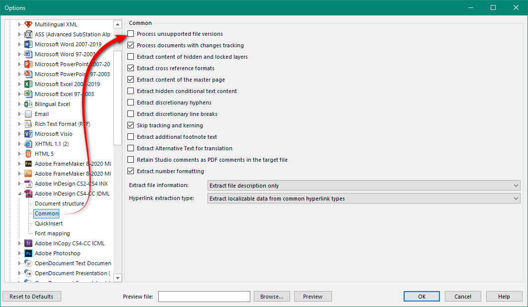 Trados Studio options menu with a list of file types on the left and common settings on the right, including checkboxes for various extract options.