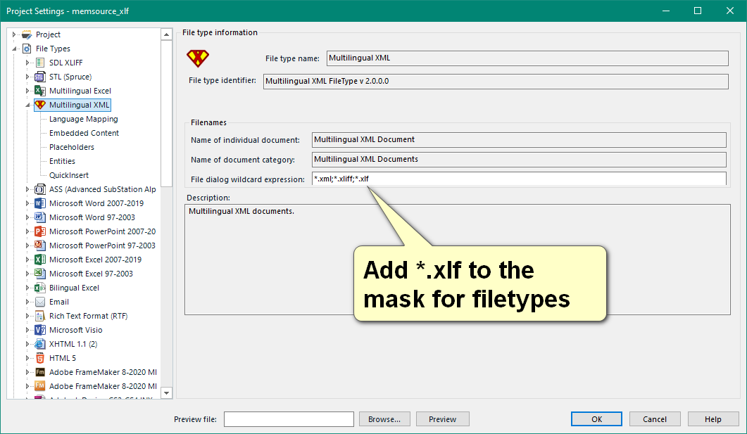 Trados Studio Project Settings showing an error in Multilingual XML file type with a suggestion to add '*.xlf' to the file dialog wildcard expression.