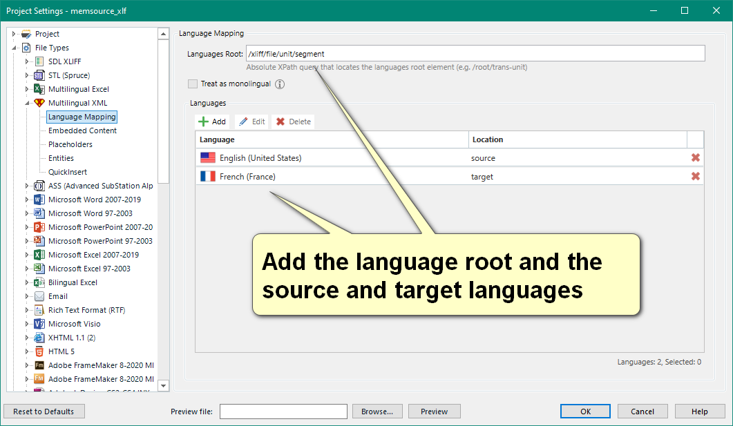 Trados Studio Language Mapping settings with a note to add the language root and the source and target languages.