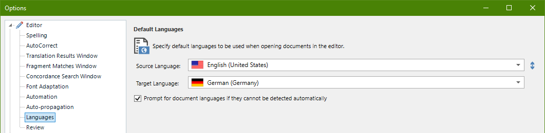 Trados Studio 'Options' window with default languages set to English (United States) for source and German (Germany) for target.