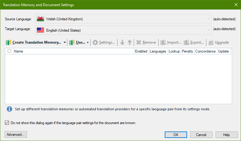 Trados Studio 'Translation Memory and Document Settings' window with source language Welsh (United Kingdom) and target language English (United States) auto-detected.