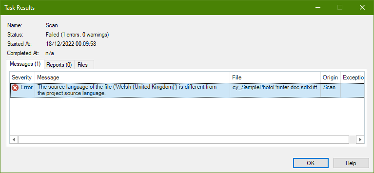 Trados Studio 'Task Results' window displaying an error message indicating a mismatch between the source language of the file and the project source language.