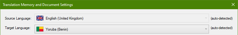 Trados Studio 'Translation Memory and Document Settings' window with source language English (United Kingdom) and target language Yoruba (Benin) auto-detected.