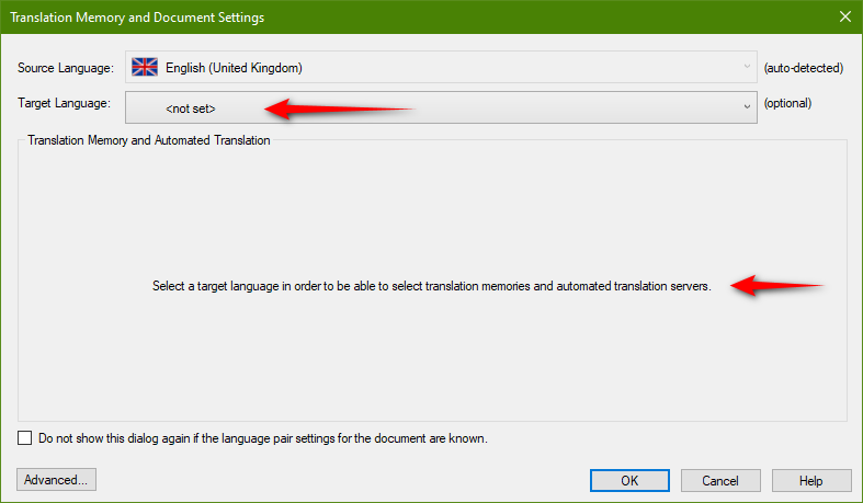 Trados Studio 'Translation Memory and Document Settings' window showing source language English (United Kingdom) and target language not set, with a warning about TM and MT provider selection.