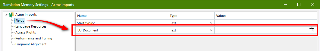 Trados Studio Translation Memory Settings window showing 'Fields' section with 'EU_Document' field of type 'Text' highlighted.