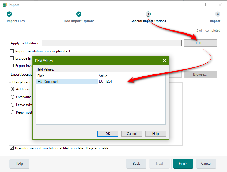 Trados Studio Import window with 'Apply Field Values' section open, showing 'EU_Document' field with value 'EU_1234' being entered.