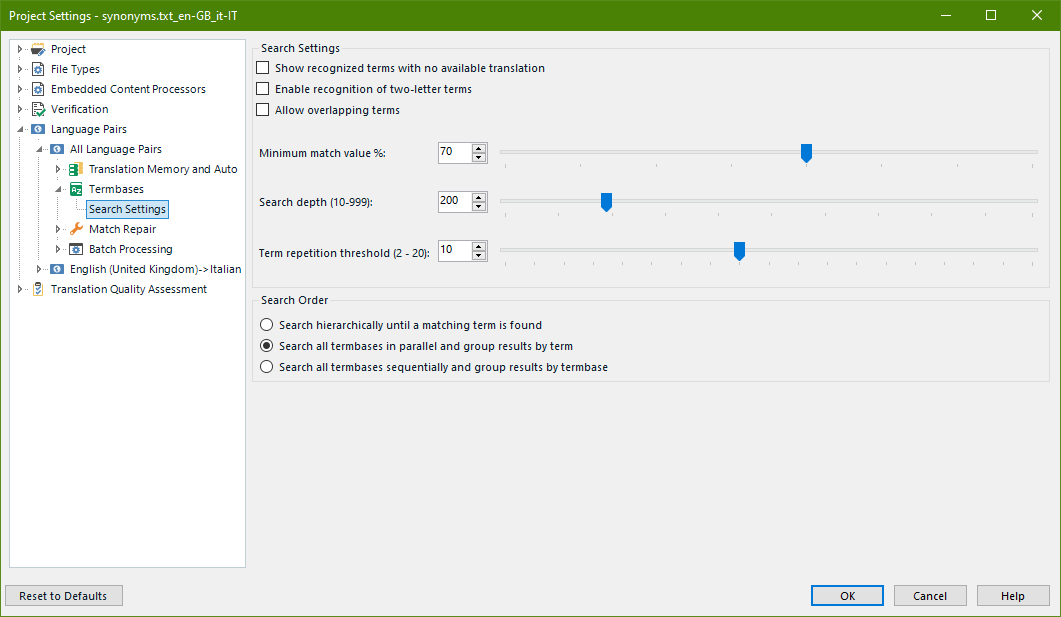 Trados Studio project settings showing termbase search settings with options for minimum match value, search depth, term repetition threshold, and search order.