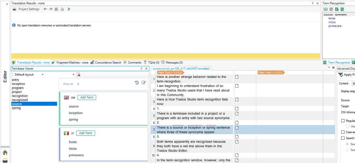 Trados Studio editor with term recognition window displaying only the first synonym 'fonte' for the source term 'source' despite multiple synonyms being recognized in the text.