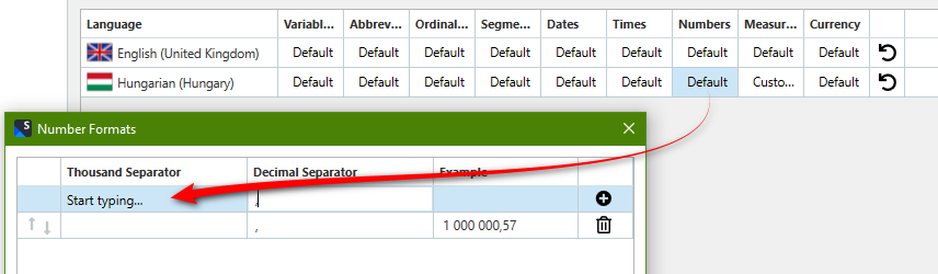 Trados Studio settings window for number formats, with a red arrow pointing to the 'Thousand Separator' input field.