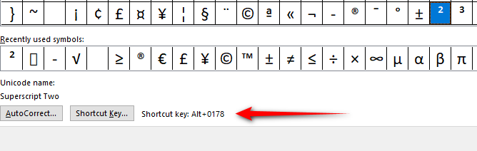 Screenshot showing the shortcut key assignment for superscript two as Alt+0178 in a symbols menu.