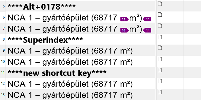 Screenshot of a document with text demonstrating the use of the shortcut key Alt+0178 to insert superscript two, with inconsistent results.