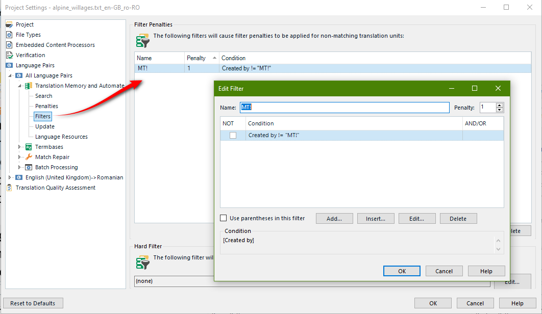 Screenshot of Trados Studio project settings with a filter penalty named 'MT!' set to a penalty of 1 for translation units created by 'MT!' in the Translation Memory and Automated Translation settings.