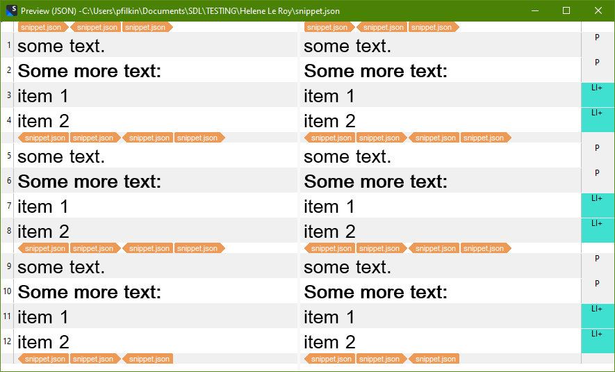 Preview of JSON file in Trados Studio with text and list items displayed correctly in the editor.