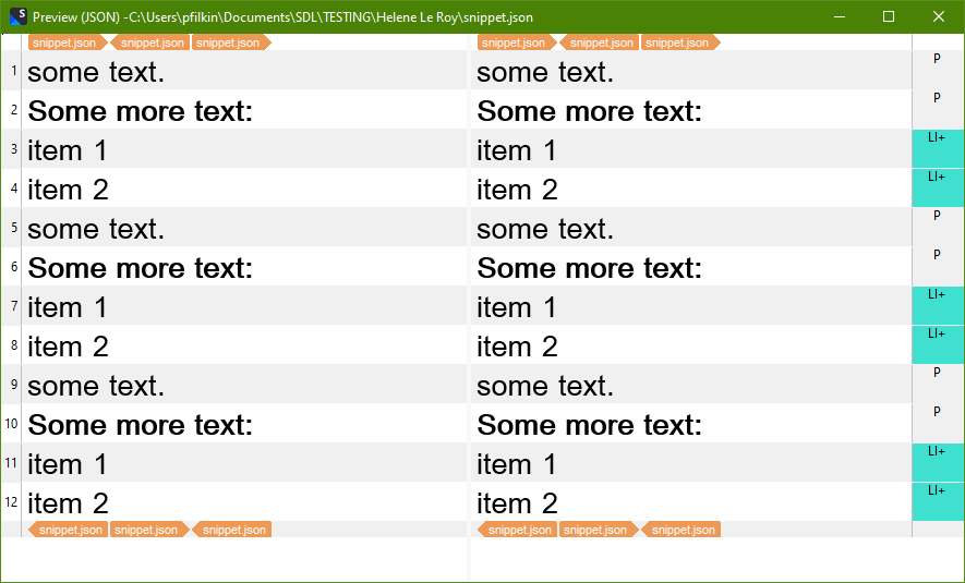 Screenshot of a JSON file open in a text editor with multiple instances of the text 'some text', 'Some more text:', 'item 1', and 'item 2'.