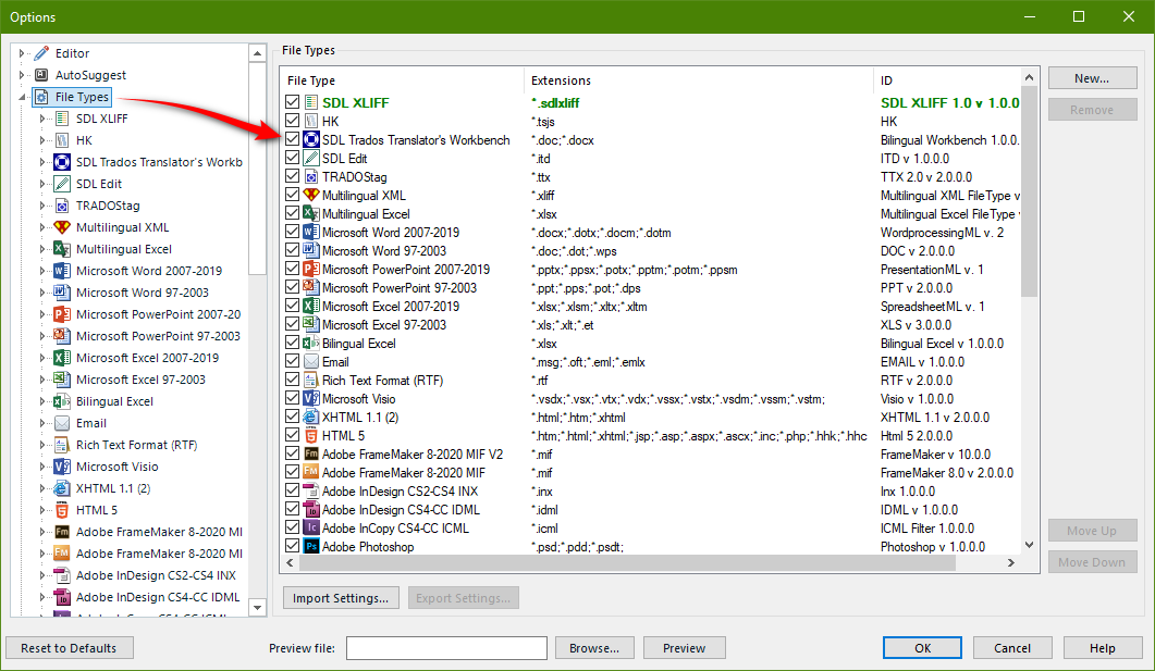 Trados Studio options window showing File Types list with a red arrow pointing to 'SDL XLIFF' filetype above 'HK' and 'SDL Trados Translator's Workbench' filetypes.
