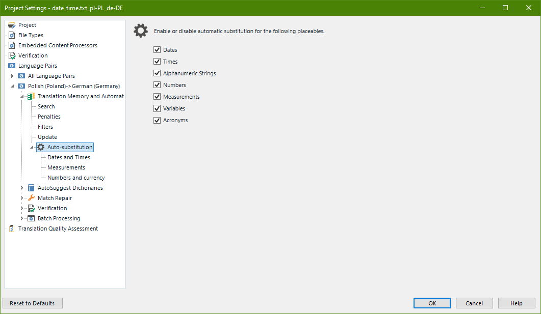 Trados Studio project settings window with 'Auto-substitution' selected, showing options for dates, times, and other placeables enabled.