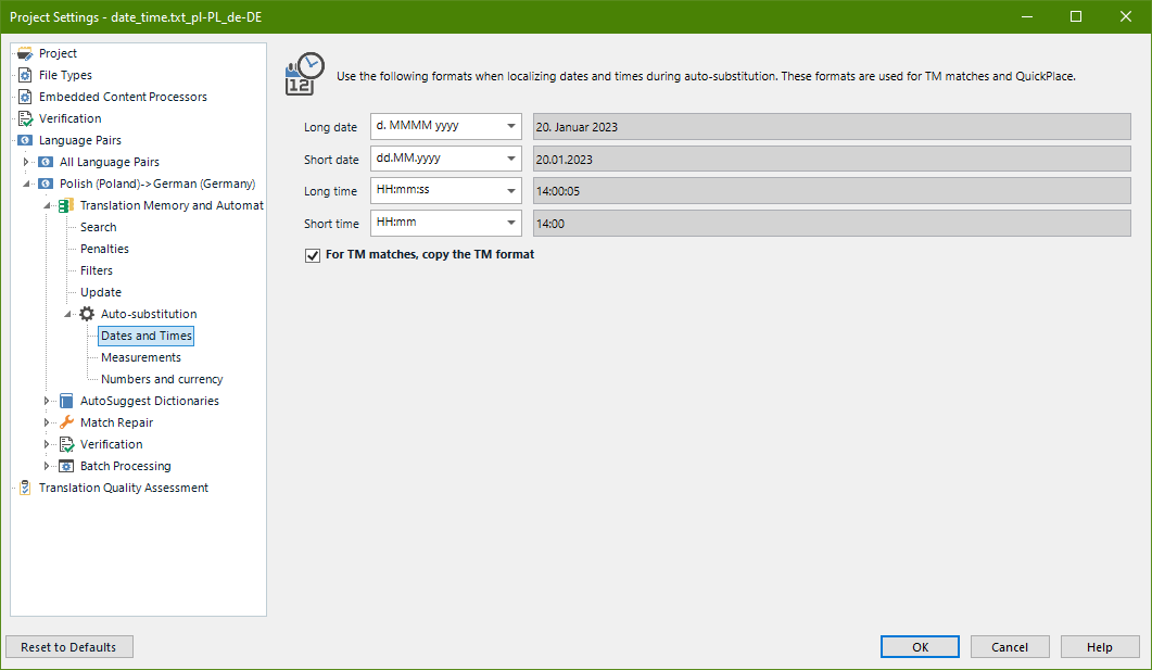 Trados Studio project settings for 'Dates and Times' with formats for long date, short date, long time, and short time displayed.