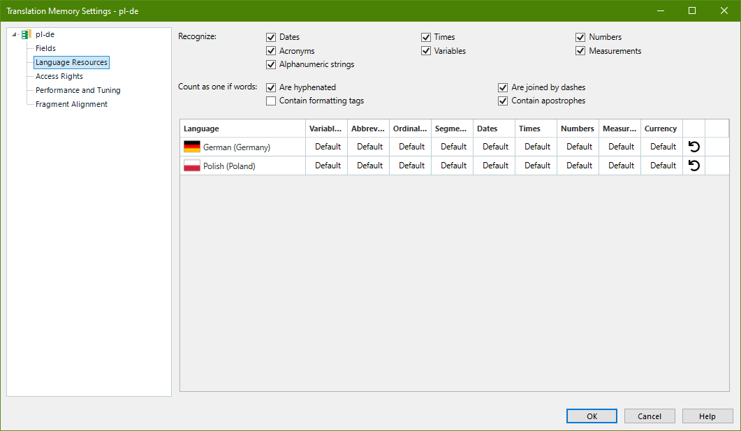 Translation Memory settings in Trados Studio for Polish to German language pair, with options for recognizing dates, times, and other elements.