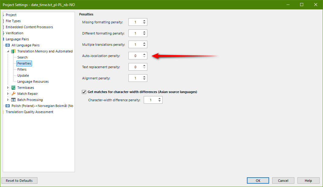 Trados Studio project settings window with penalties section open, showing auto-localization penalty set to 0 with an arrow pointing to it.