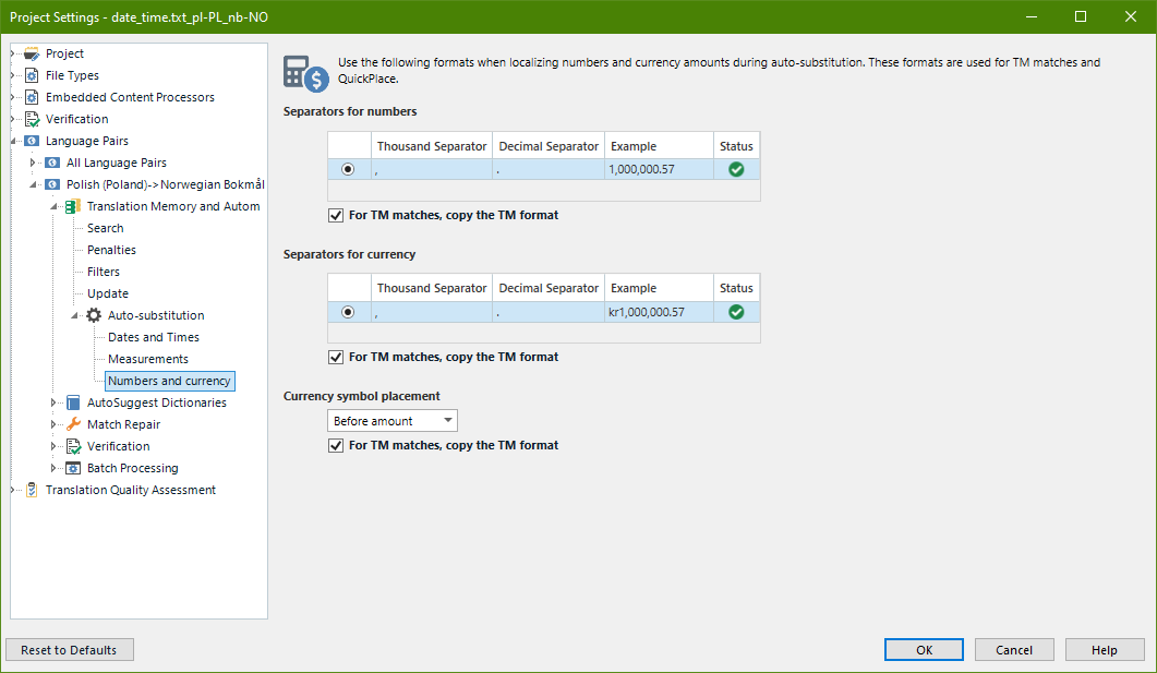 Trados Studio project settings window displaying number and currency formatting options with thousands and decimal separators set to ',' and '.' respectively.