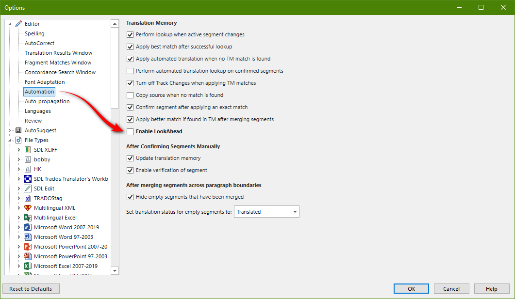 Trados Studio options menu with a red arrow pointing to the 'Enable LookAhead' checkbox, which is currently checked.