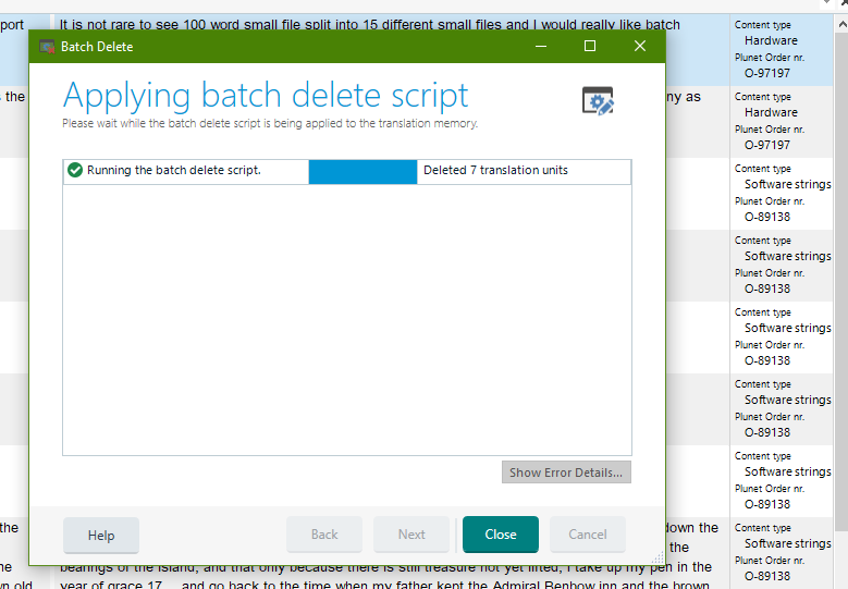Trados Studio Batch Delete window showing 'Applying batch delete script' with a progress indicator and a message 'Deleted 7 translation units'.