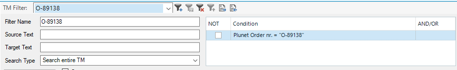 Trados Studio TM Filter dialog with filter name '0-89138' and condition 'Plunet Order nr. = 0-89138' entered.