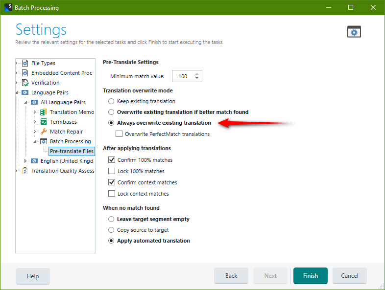Trados Studio settings window showing Batch Processing and Pre-Translate Settings with 'Always overwrite existing translation' option selected and highlighted with a red arrow.