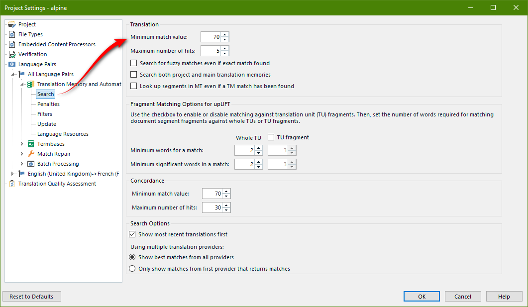 Screenshot of Trados Studio project settings with Translation Memory and Automated Translation options, highlighting minimum match value set to 70%.