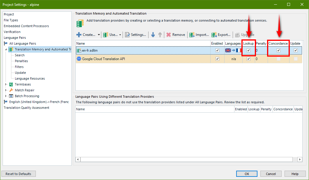 Screenshot of Trados Studio project settings showing Translation Memory and Automated Translation providers, with Concordance option checked for Google Cloud Translation API.