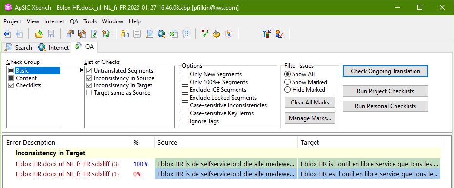 Screenshot of Trados Studio's QA interface showing an error for 'Inconsistency in Target' with two instances listed in the Error Description panel.