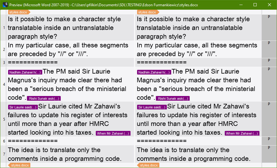 Screenshot of a Microsoft Word document with text segments marked as untranslatable by '' in Trados Studio.