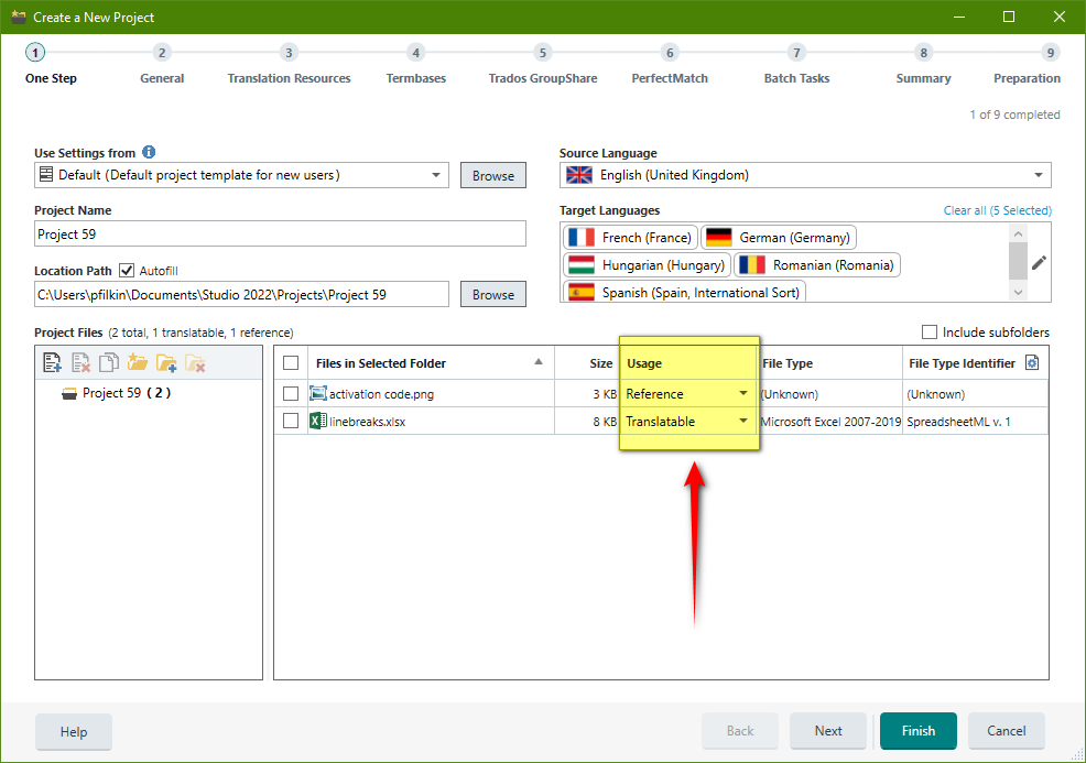 Trados Studio 'Create a New Project' window showing Project Name 'Project 59', Location Path, and Project Files with two items: 'activation code.png' marked as Reference and 'linebreaks.xlsx' marked as Translatable.