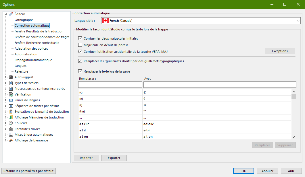 Trados Studio 2021 options menu with French (Canada) language settings showing automatic correction options such as correcting double capitals and accidental caps lock usage.