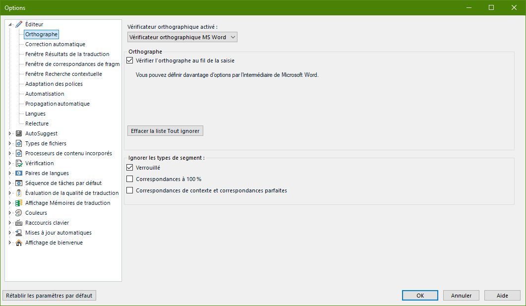 Trados Studio 2021 options menu with active spell checker set to MS Word and options to verify spelling as you type and ignore certain segment types.